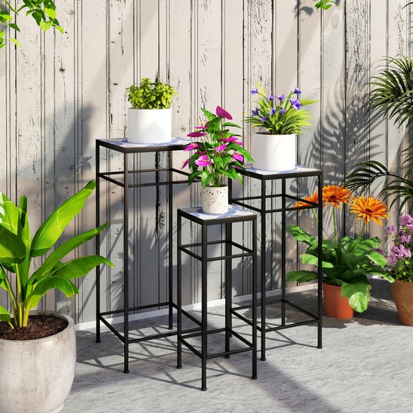 3 stk Plantestativ, 71cm Højt Blomsterstativ i Blå+Hvid Mosaik, Metal Indendørs Plantebord, 3 Stk