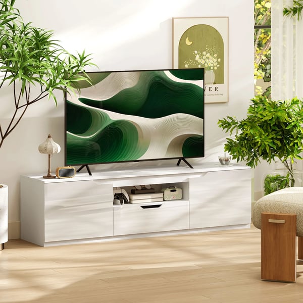 TV-bänk med 2 dörrar och låda, 160 cm bred, vit finish, förvaringsmöbel i trä med kabelhantering