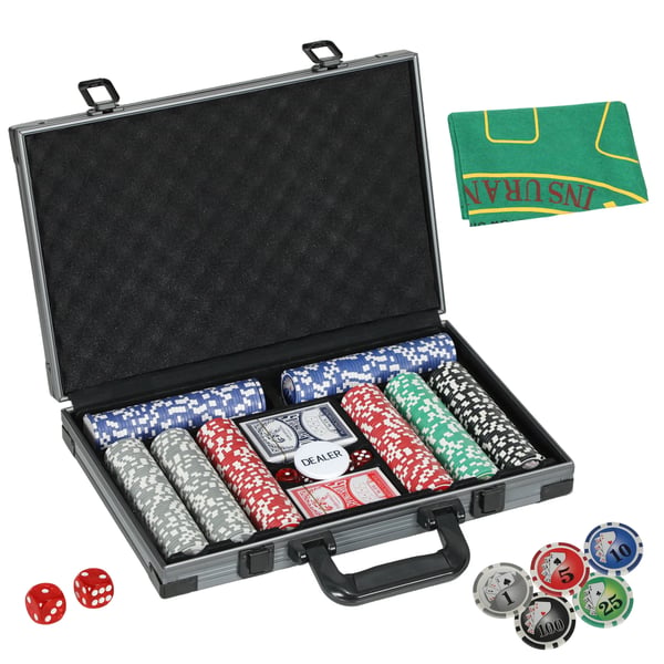 Poker Set med 400 Chips, 2 Kortlekar, Tärningar, Matta och Aluminiumfodral - Grå Kunststoff