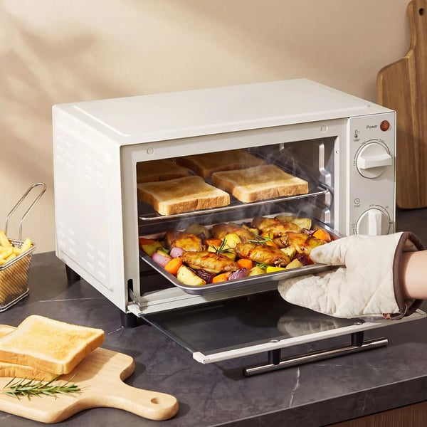 Miniovn 9L Rustfrit Stål i Cremefarvet Hvid - 750W med Bageplade & Grillrist