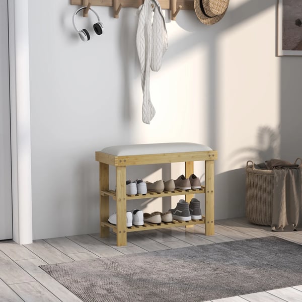 Kenkäpenkki Puisella Kehyksellä – Bambua, Kermanvalkoinen Istuin - Säilytystila Kengille - 60x29x49cm