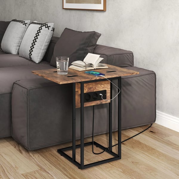 Klapbart sidebord med USB-opladning, C-form, Rustik Brun/Sort Metal, Trækomposit, 39x29x57 cm