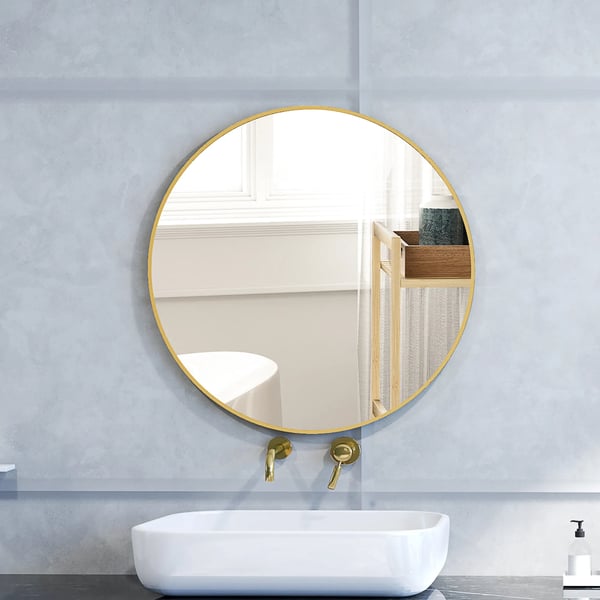Runde Spejl til Badeværelset, 70 cm, Guldfarvet Ramme, Vægmontering, Metal/Glas