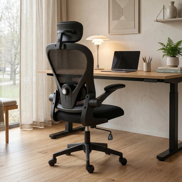 kontorsstol, ergonomisk skrivbordsstol med uppfällbara armstöd, justerbart svankstöd, svart