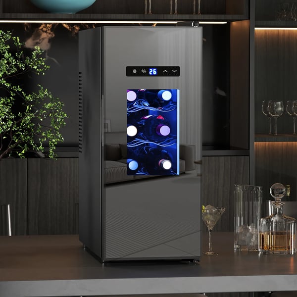 Vinkøleskab til 12 flasker, 30L, 8-18°C, 180° døråbning, sort metal glaskøler