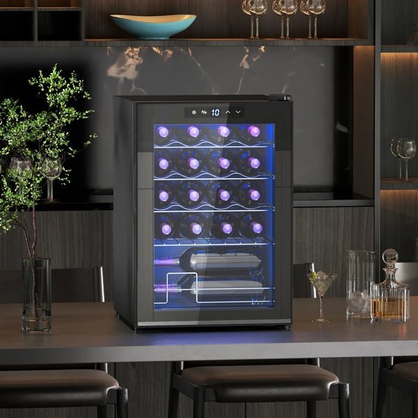 Vinkøleskab til 20 flasker - 53L, 5-18°C kompressorkøler med UV-glasdør, LED-lys. Sort metal