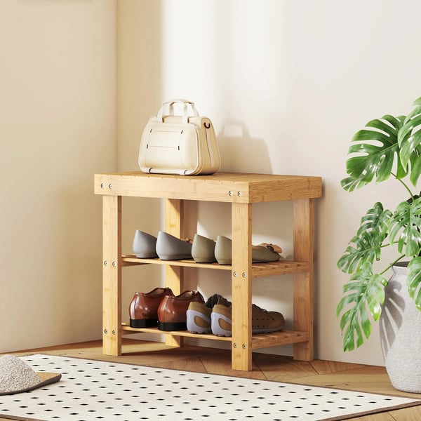Skobänk i bambu, 2 hyllplan, sittplats för hall och entré, Natur, 50x28x45cm