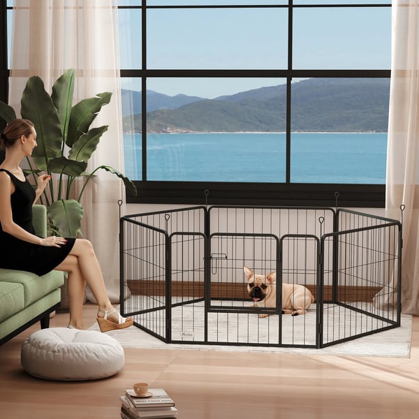 Liteträdgård för valpar 60 cm hög, 6 delar Hundbur DIY Valpkennel med dörr, inhägnad för små hundar, stål, svart