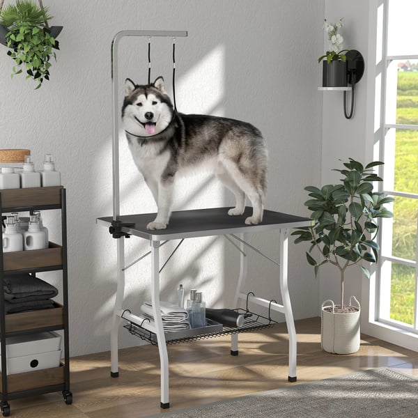Groomingbord för hundar - Justerbart, hopfällbart, med korg och koppel, svart/vit stål