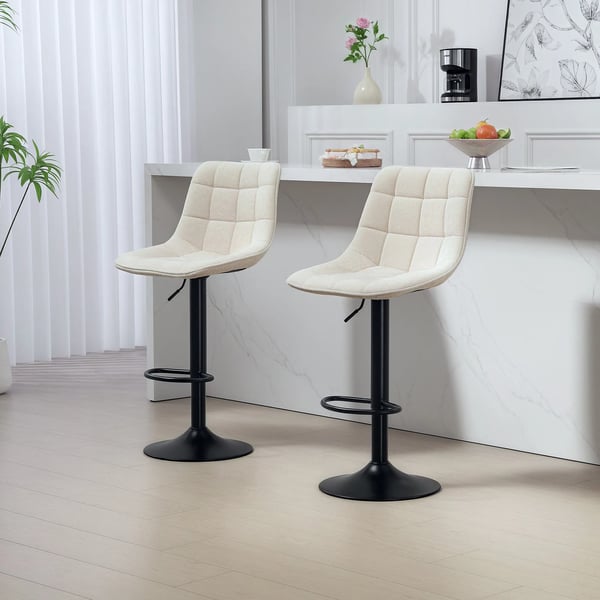 Barstolar 2-pack, Beige, Vadderade med Ryggstöd och Fotstöd, Höjdjusterbara och 360° Vridbara Köksstolar i Chenille-look, Stålbas