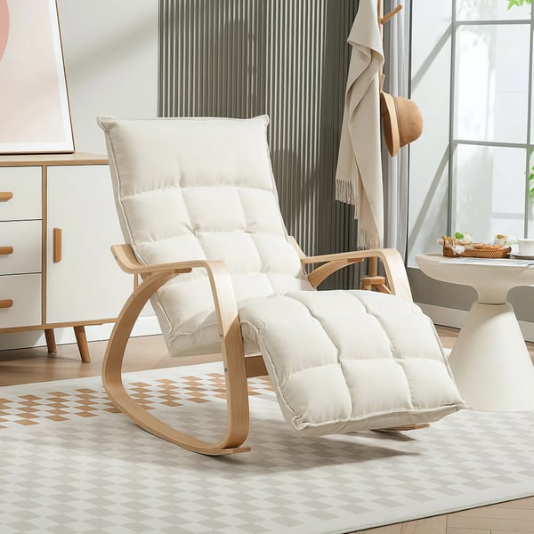Gyngestol med ryglæn, justerbar fodstøtte, linnedlook, polyester, cremefarvet