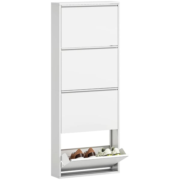 Smalt Metallskoskåp med 4 Fällbara Luckor - Vit, 8 Par Skor, Väggmonterad, 55x15x139,5 cm