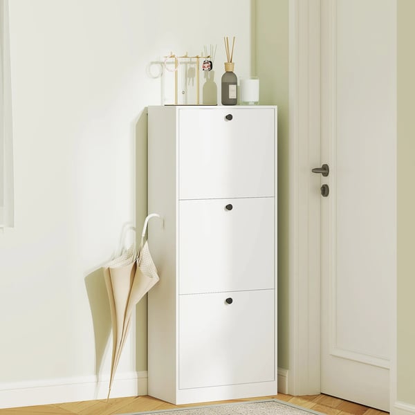 skoskåp med 3 klaffar, skohylla med justerbar avdelare, smal skokommod med tippfack för 12 par skor 47 x 26 x 120 cm, vit