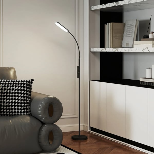 LED Gulvlampe, Stående Lampe med Fjernbetjening, Justerbar Svanehals, Timer, Hukommelse - Sort, Stål