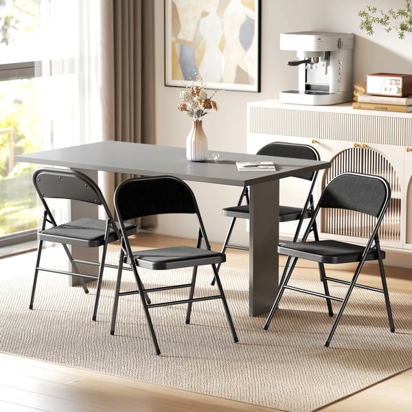 set om 4 hopfällbara stolar, bärbar kontorsstol med dyna, linne-look, stålben, fällstol för kontor, reception, väntrum, svart