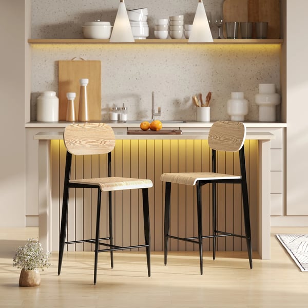 Barstolar 2-pack, naturträ+svart, stålram, köksstol med fotstöd, 66 cm sitthöjd, industriell design