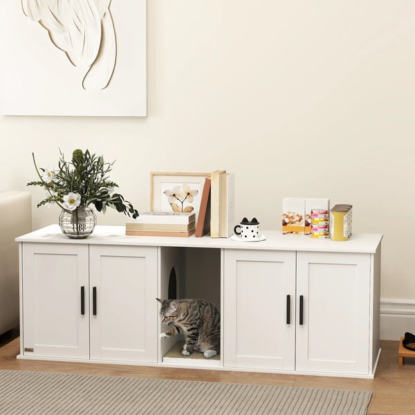 Kattlådeskåp för katter, vitt, MDF, 145 x 49 x 51 cm, döljer kattlådan och fungerar som sidobord