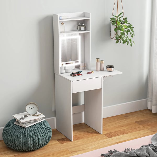Sminkbord med LED-spegel och utfällbar skiva, vit, MDF med tre hyllor och låda