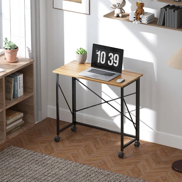 hopfällbart skrivbord, litet 80 cm skrivbord med hjul, platsbesparande datorbord för hemmakontor, ek