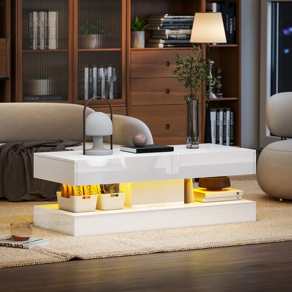 soffbord med lådor och LED-belysning, modernt vardagsrumsbord med öppen hylla, kaffebord, spånskiva, vit