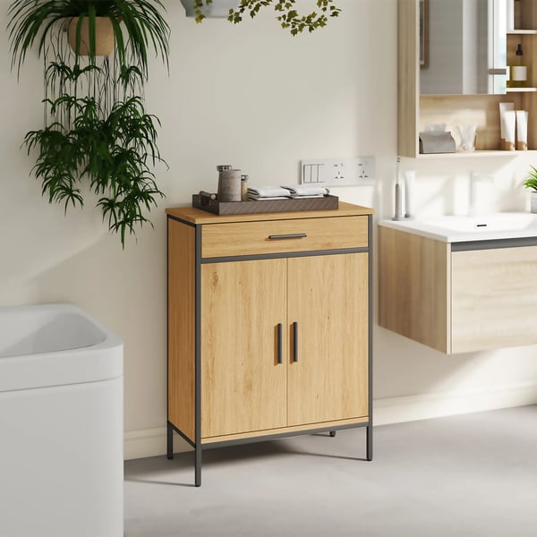 Badeværelsesskab med Egetræslook, 2 Hylder, Stor Skuffe, Industrielt Design