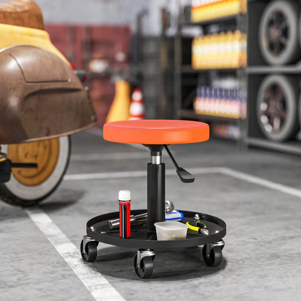 Verkstadspall med hjul, orange, stål, höjdjusterbar 38-50 cm, max 135 kg