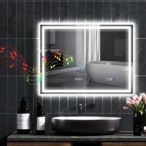 LED Badrumsspegel 80x60 cm - Silver Härdat Glas med Bluetooth, Klocka, Anti-dim & Minnesfunktion