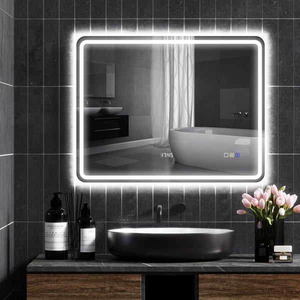 Badspegel med LED-belysning, Bluetooth och klocka, 70x90 cm, Silver, Härdat glas, Imfri