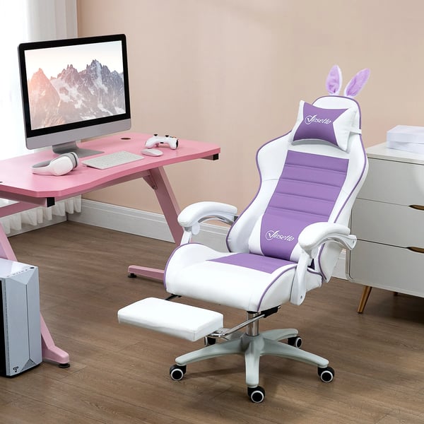 Gamingstol - Lila Konstläder, Ergonomisk med Fotstöd och Kaninöron