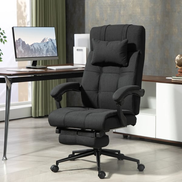 ergonominen työtuoli pellavanäköisellä polyesterillä, musta, säädettävä niskatyyny ja jalkatuki, kääntyvä pyörillä