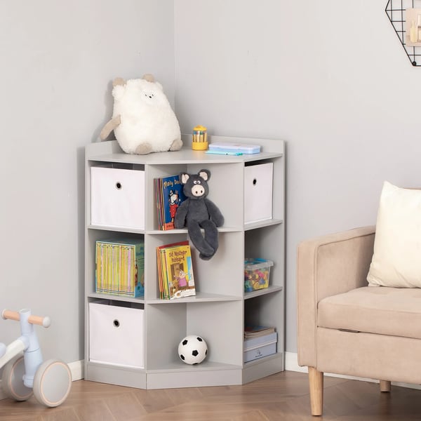 Børnereol med 3 opbevaringskasser i grå, MDF-materiale til legetøj og bøger, 57,4 x 57,4 x 94 cm