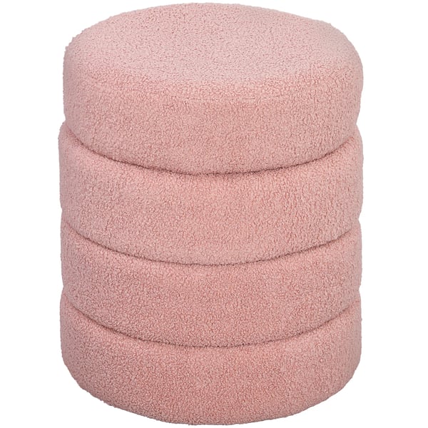 Rund Skammel, Lyserød Teddyfleece, Robust Stålramme, 40x45H cm, Max 120 kg
