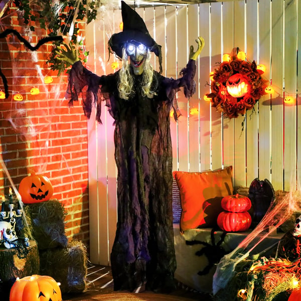 183cm Halloween-dekoration Hængende Halloween-heks med LED-lys, lydfunktion, justerbare arme, mund