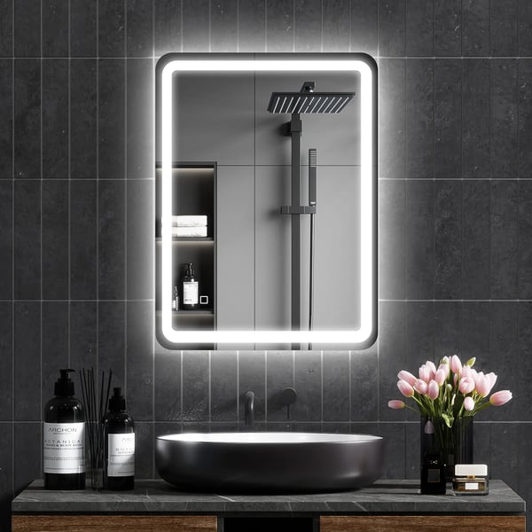 Badspegel, 60 x 80 cm LED-spegel med peksensor, minnesfunktion, väggspegel imfri med 3 ljusfärger, silver