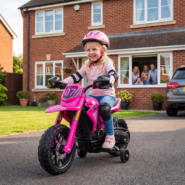 Elmotorcykel för barn, Rosa, 3 km/h, 6V batteri, stöttjul, ljud och tuta, ålder 3-8 år