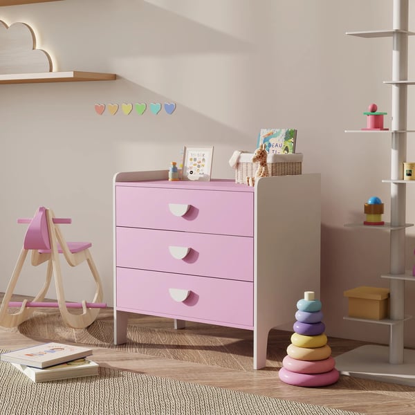 Barnbyr'å med 3 lådor, MDF, Vit/Rosa