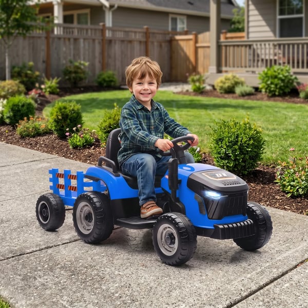 Elektrisk Barnetraktor med Släpvagn, Fjärrkontroll, Mjukstart, Blå, 3-8 år