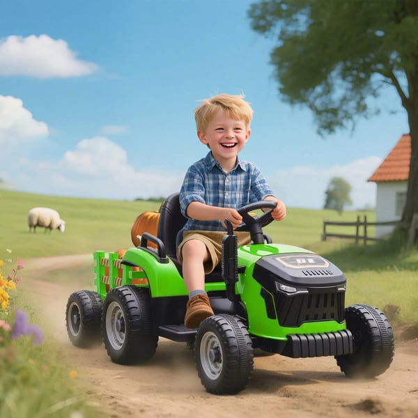 Elektrisk Børnetraktor med Trailer, Fjernbetjent, Soft Start, Grøn