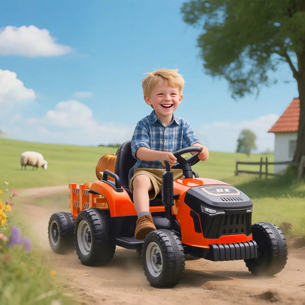Elektrisk Barnetraktor med Släpvagn, Fjärrstyrd, Mjukstart, Orange, för barn 3-8 år