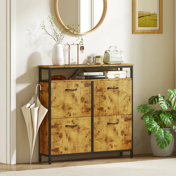 Skoställ med 4 hopfällbara lådor, smal design, öppen hylla, för 12-20 par skor, stål, brun