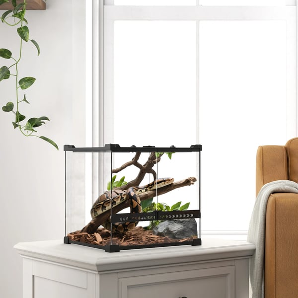 Glas Terrarium til krybdyr med hævet & vandtæt bund, knaplås, Sort