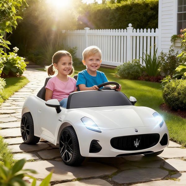 Maserati Elbil för barn, 2-sitsig, 12V Batteridriven, Fjärrkontroll, LED, Musik, Vit