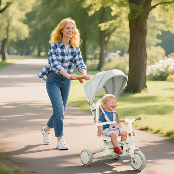 5-i-1 Trehjulet cykel til børn, Konvertibel klapvogn, Justerbar, Sikkerhedssele, Opbevaring, Cremefarvet hvid
