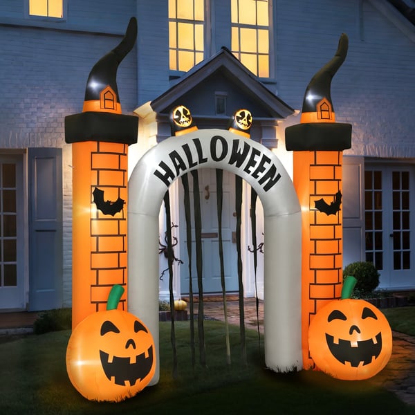Oppustelig Halloween-portal, Græskar-design, LED'er, Pløkker, Polyester