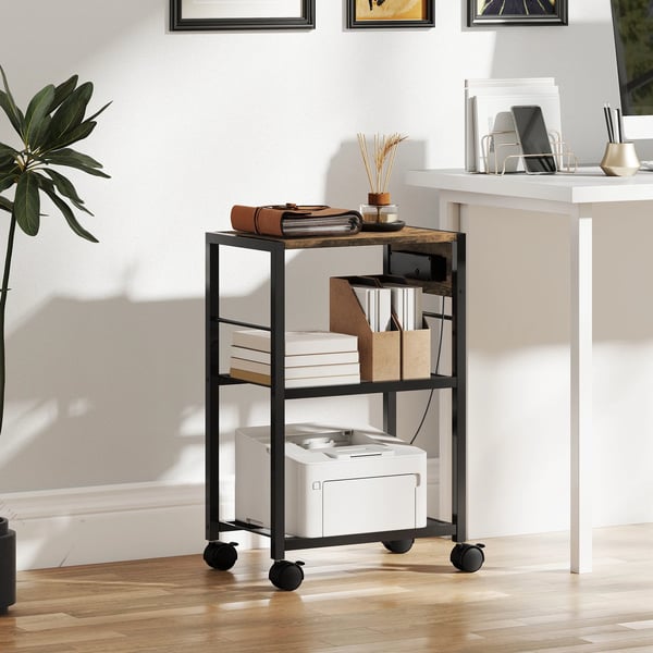 Printerstativ m. Hjul & Porte - Rustik Brun Træmateriale (Max. 40kg) - 42x28x64.5cm