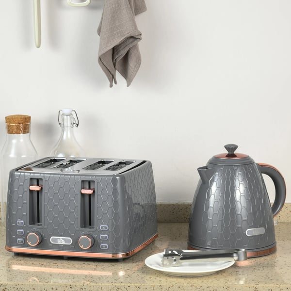 Frukostset med Vattenkokare (1,7L) och Brödrost (4 skivor), Plast, Grå