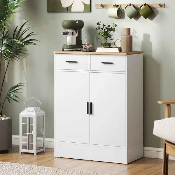 Sideboard med 2 skuffer og skab, justerbar hylde,træmateriale, hvid og naturtræ