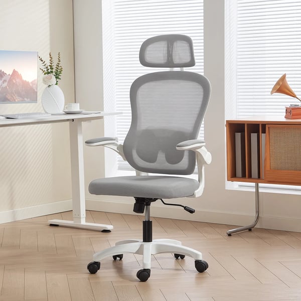 Ergonomisk Kontorsstol i Nätmaterial, Höjdjusterbar, Fällbara Armstöd, 5 Hjul, Gungfunktion, Grå Onda