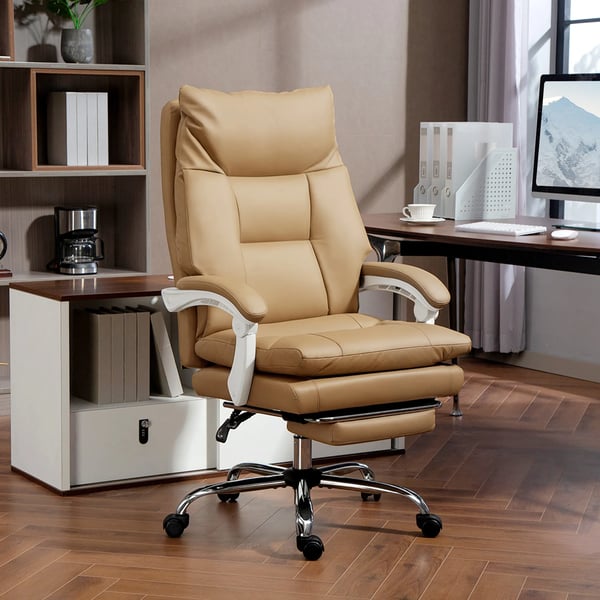 Ergonominen tomiistotuoli, ristiselän tuki, käsinojat, jalkatuki, keinonahka, vaaleanruskea
