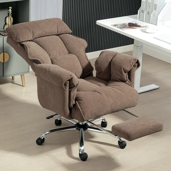 Ergonomisk kontorsstol, lutningsbart ryggstöd, fotstöd, mjukt tyg, ljusbrun